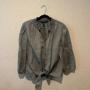 White House Black Market Hunter Green Button Front Puff Sleeve Tie Top Size S
